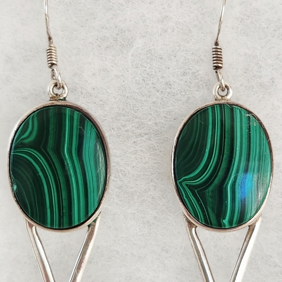 Vintage Sterling Silver Malachite & Amethyst Earrings - Picture 2 of 7